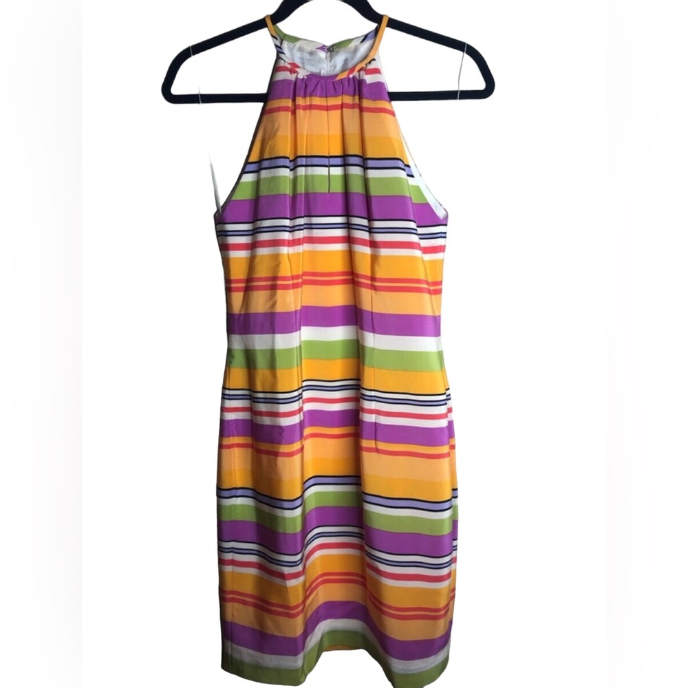 Elizabeth Scott Rainbow 100% Silk High Neck Mini Dress Size 4